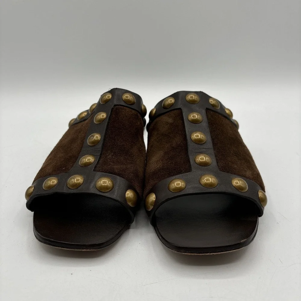 Tory Burch Blythe Slide Women's 7 M Suede Leather Sandals Beige Gold Studded